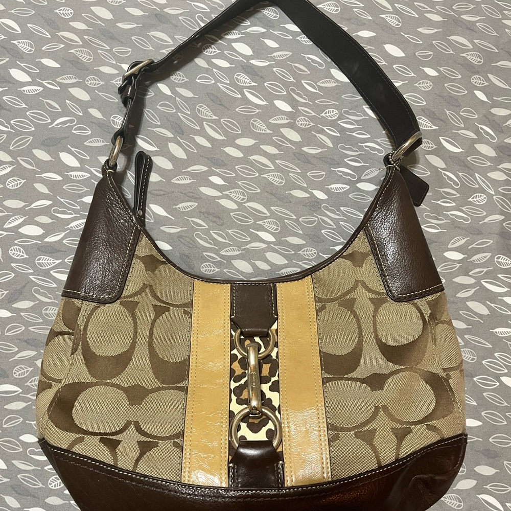 Coach Brown and Tan Signature Shoulder Bag with Leather Trim